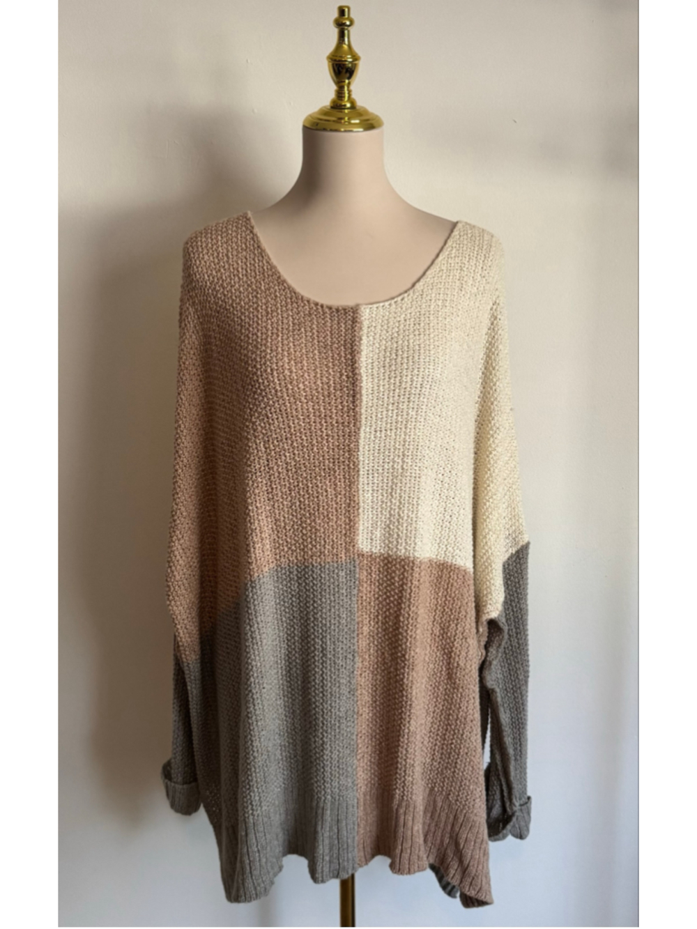 Women's Easel Colorblock Sweater 3X Beige Grey Crew Neck Knit Top